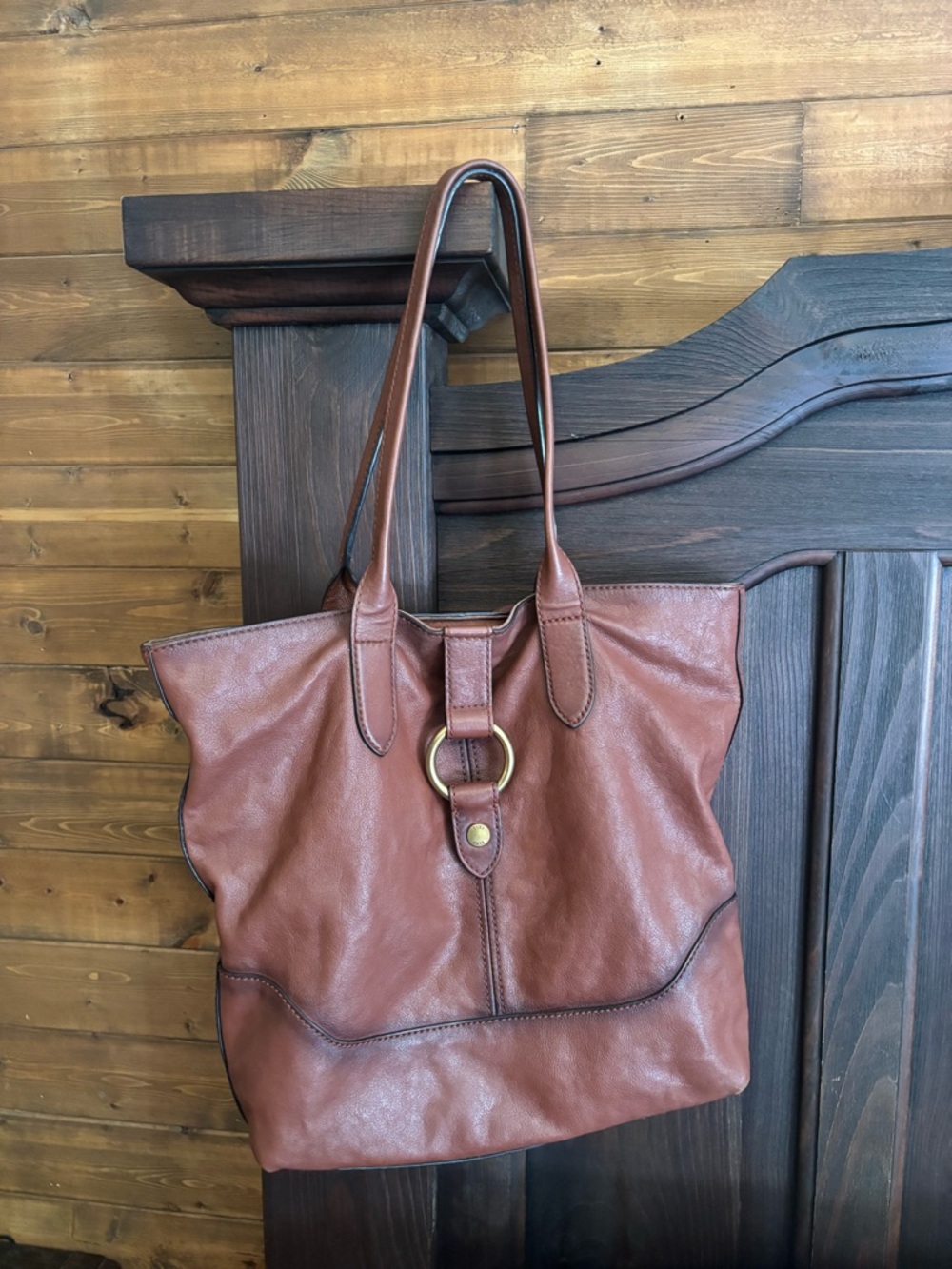 Frye Leather Ring Tote Bag Purse, Cognac, Genuine Leather - Picture 12 of 14
